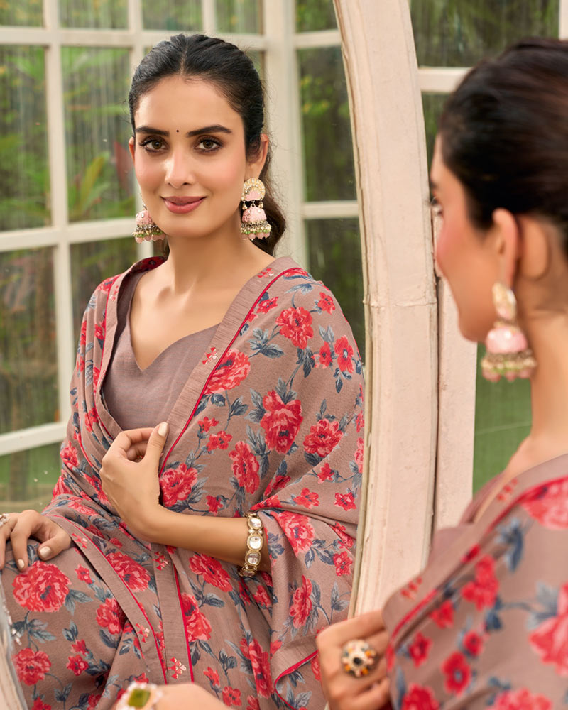 Vishal Prints Oriental Pink Printed Brasso Saree With Fancy Border
