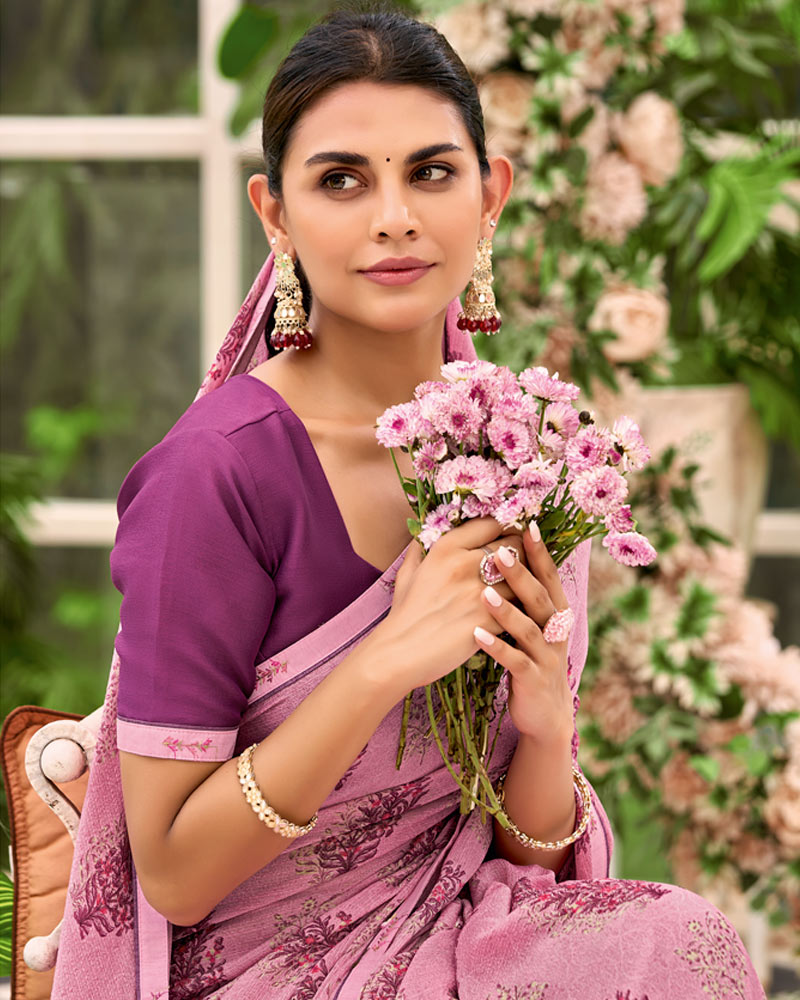 Vishal Prints Mauve Pink Printed Brasso Saree With Fancy Border