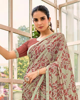 Vishal Prints Sage Green Printed Brasso Saree With Fancy Border