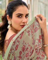 Vishal Prints Sage Green Printed Brasso Saree With Fancy Border