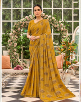 Vishal Prints Dark Mustard Printed Brasso Saree With Fancy Border