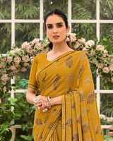 Vishal Prints Dark Mustard Printed Brasso Saree With Fancy Border