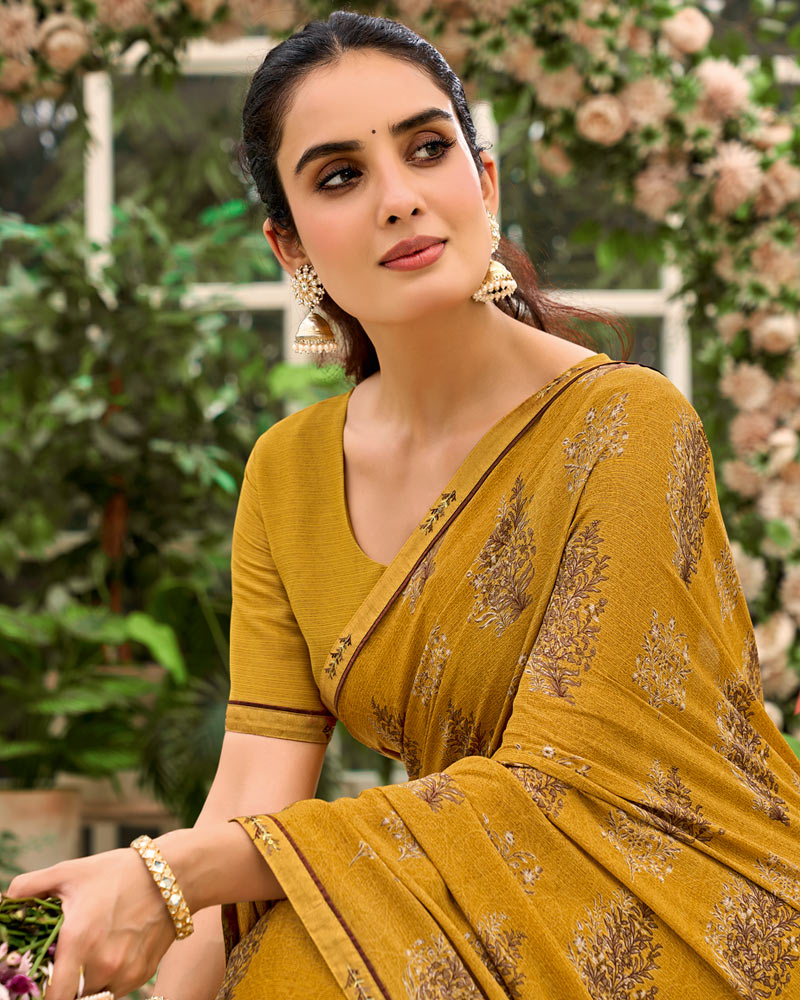 Vishal Prints Dark Mustard Printed Brasso Saree With Fancy Border