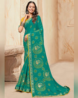 Vishal Prints Deep Aqua Green Printed Chiffon Traditional Print Saree With Foil Print And Zari Border