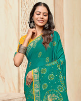 Vishal Prints Deep Aqua Green Printed Chiffon Traditional Print Saree With Foil Print And Zari Border