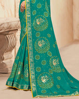Vishal Prints Deep Aqua Green Printed Chiffon Traditional Print Saree With Foil Print And Zari Border