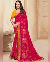 Vishal Prints Pinkish Red Printed Chiffon Traditional Print Saree With Foil Print And Zari Border