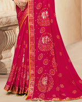 Vishal Prints Pinkish Red Printed Chiffon Traditional Print Saree With Foil Print And Zari Border