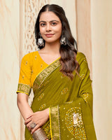 Vishal Prints Muddy Brown Printed Chiffon Traditional Print Saree With Foil Print And Zari Border