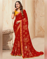 Vishal Prints Venetian Red Printed Chiffon Traditional Print Saree With Foil Print And Zari Border