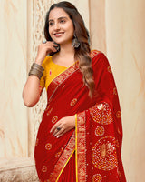 Vishal Prints Venetian Red Printed Chiffon Traditional Print Saree With Foil Print And Zari Border