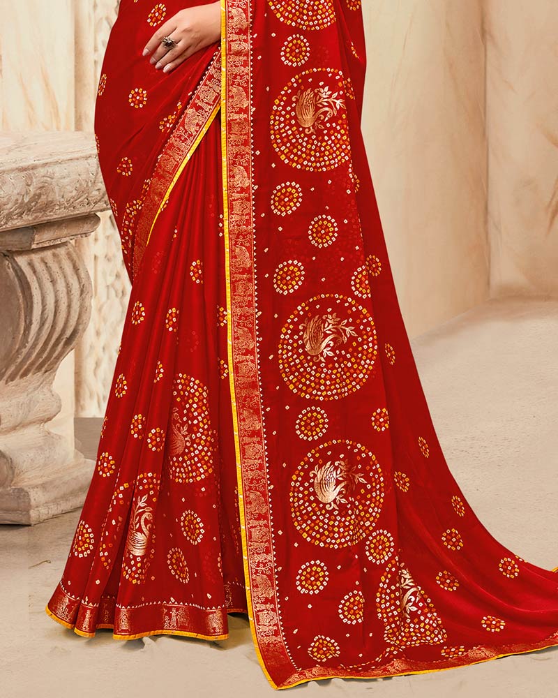 Vishal Prints Venetian Red Printed Chiffon Traditional Print Saree With Foil Print And Zari Border