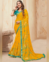Vishal Prints Dark Burnt Yellow Printed Chiffon Traditional Print Saree With Foil Print And Zari Border
