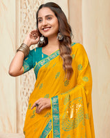 Vishal Prints Dark Burnt Yellow Printed Chiffon Traditional Print Saree With Foil Print And Zari Border