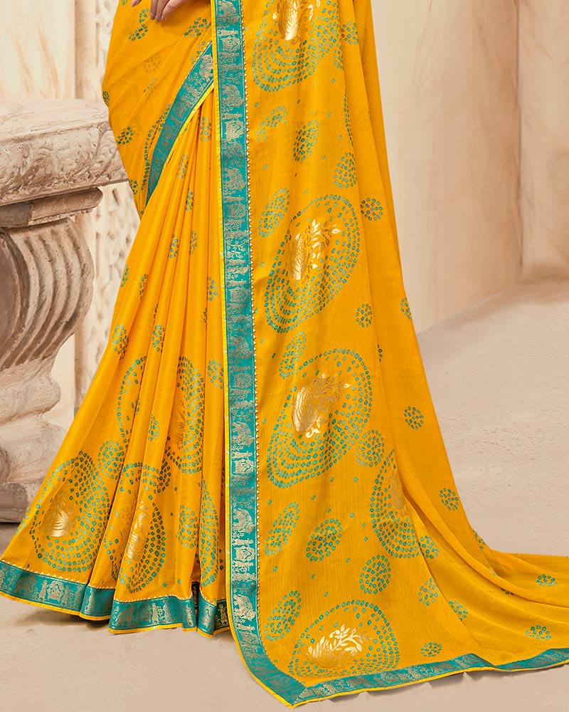 Vishal Prints Dark Burnt Yellow Printed Chiffon Traditional Print Saree With Foil Print And Zari Border