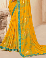 Vishal Prints Dark Burnt Yellow Printed Chiffon Traditional Print Saree With Foil Print And Zari Border