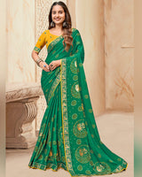 Vishal Prints Tropical Green Printed Chiffon Traditional Print Saree With Foil Print And Zari Border