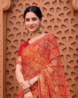 Vishal Prints Sunset Orange Printed Patterned Brasso Bandhani Print Saree With Fancy Border