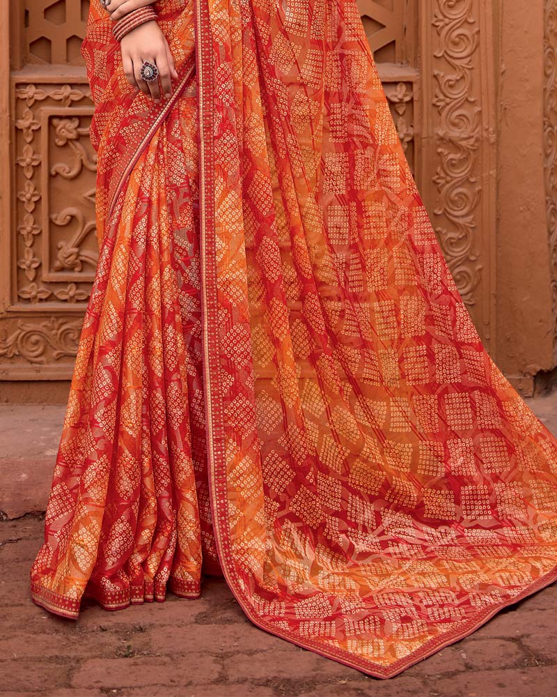 Vishal Prints Sunset Orange Printed Patterned Brasso Bandhani Print Saree With Fancy Border