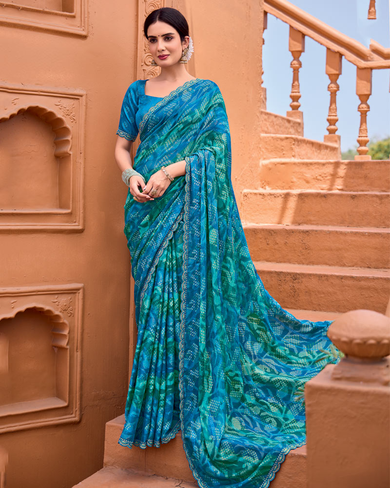 Vishal Prints French Blue Printed Patterned Brasso Bandhani Print Saree With Fancy Border