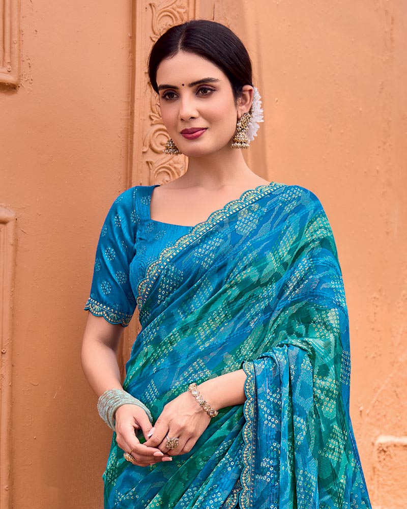 Vishal Prints French Blue Printed Patterned Brasso Bandhani Print Saree With Fancy Border