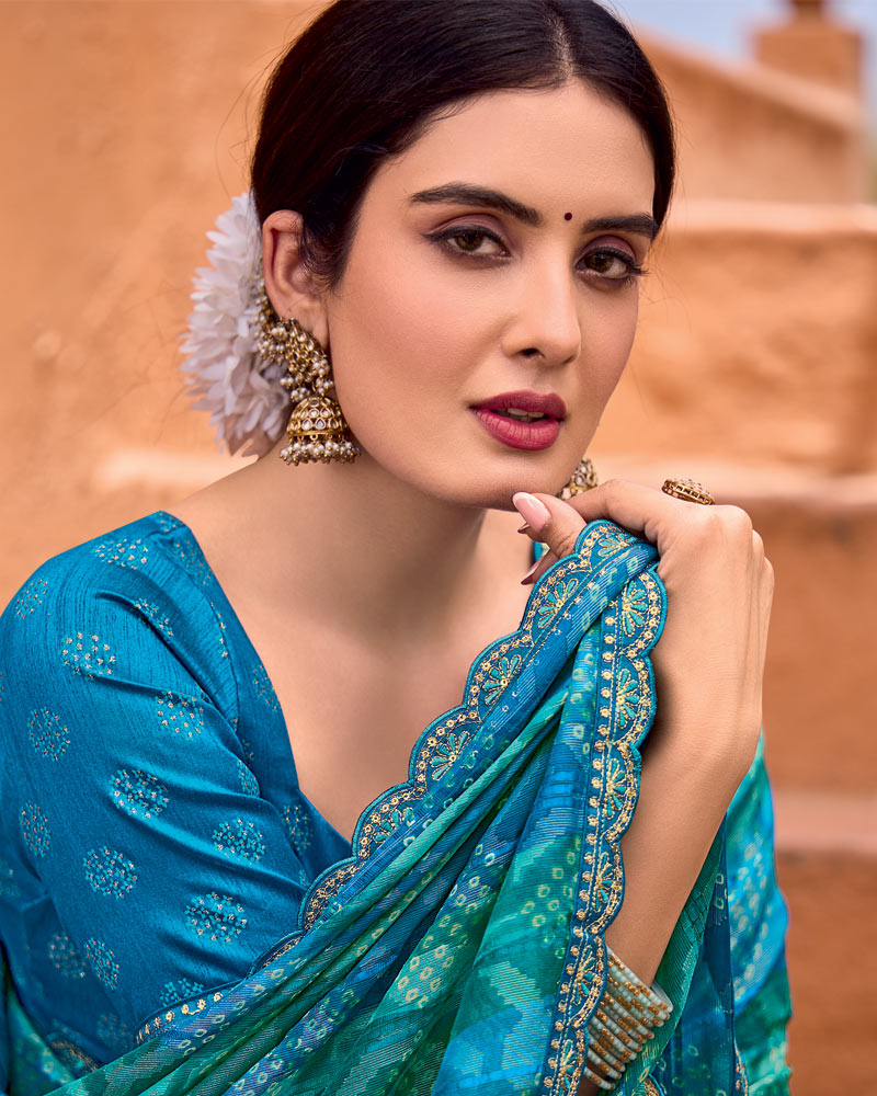 Vishal Prints French Blue Printed Patterned Brasso Bandhani Print Saree With Fancy Border
