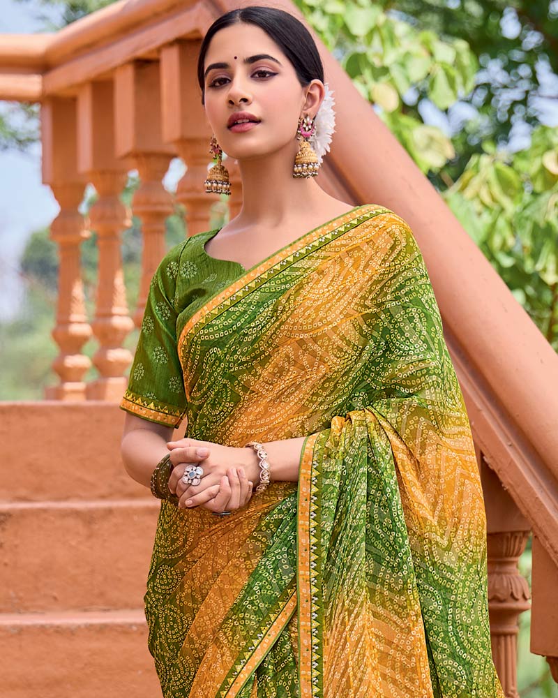 Vishal Prints Mehandi Green Printed Patterned Brasso Bandhani Print Saree With Fancy Border