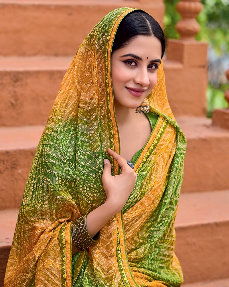 Vishal Prints Mehandi Green Printed Patterned Brasso Bandhani Print Saree With Fancy Border