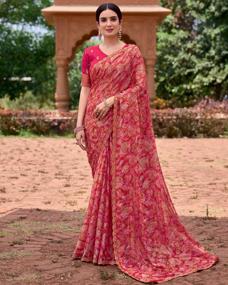 Vishal Prints Scarlet Red Printed Patterned Brasso Bandhani Print Saree With Fancy Border