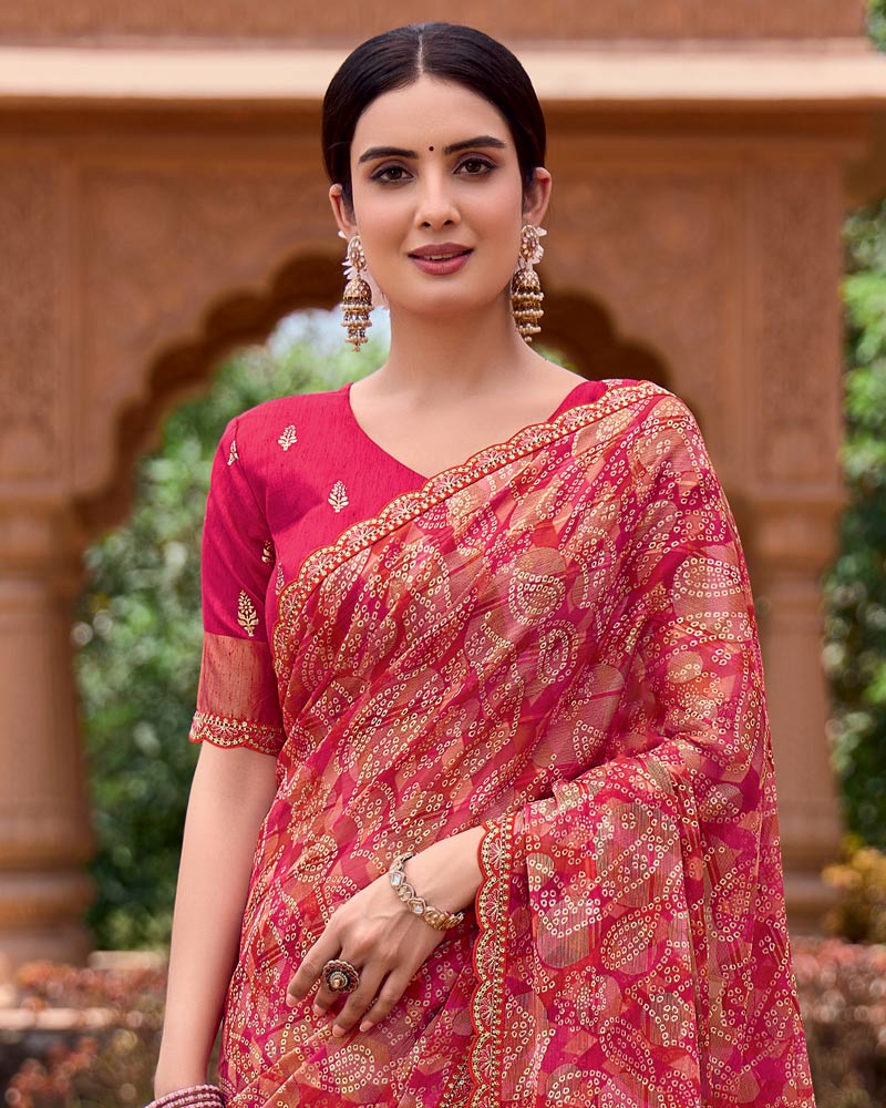 Vishal Prints Scarlet Red Printed Patterned Brasso Bandhani Print Saree With Fancy Border