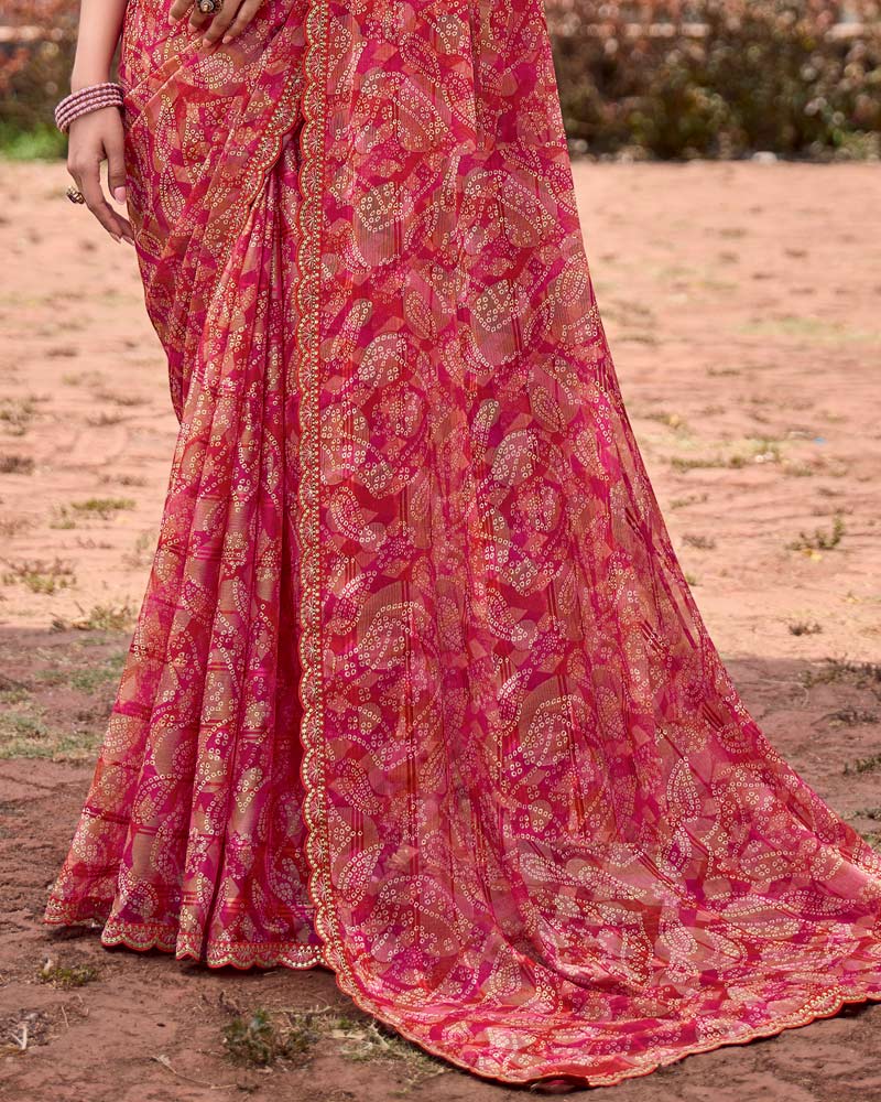 Vishal Prints Scarlet Red Printed Patterned Brasso Bandhani Print Saree With Fancy Border