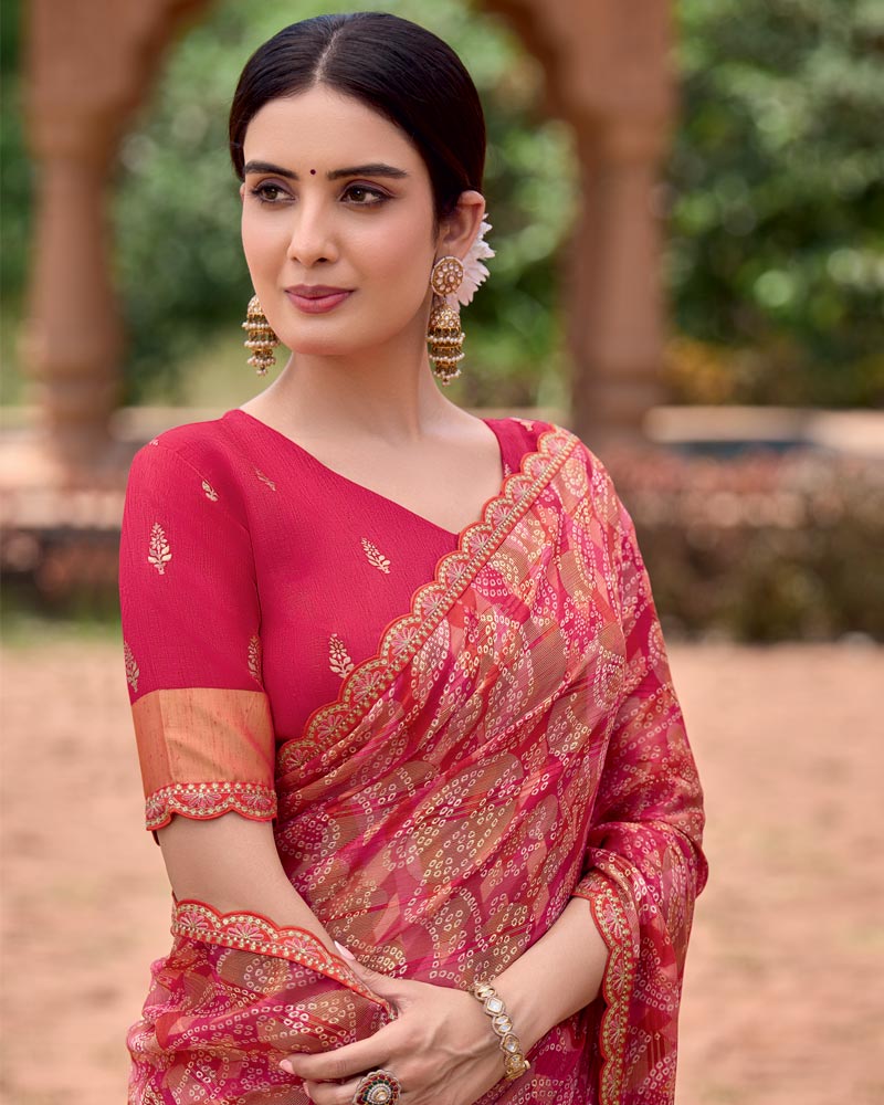 Vishal Prints Scarlet Red Printed Patterned Brasso Bandhani Print Saree With Fancy Border