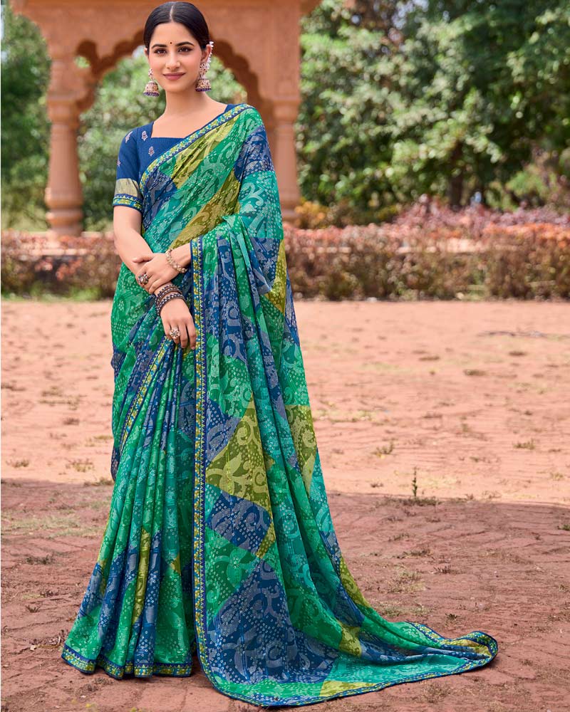Vishal Prints Light Sea Green Printed Patterned Brasso Bandhani Print Saree With Fancy Border