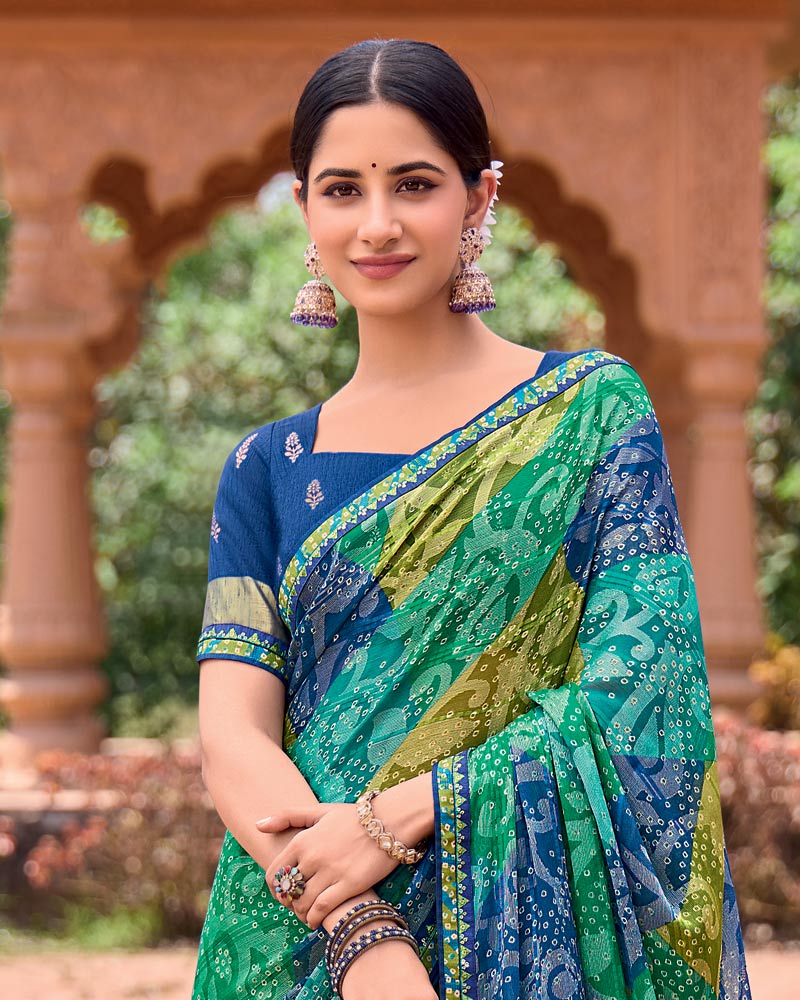 Vishal Prints Light Sea Green Printed Patterned Brasso Bandhani Print Saree With Fancy Border