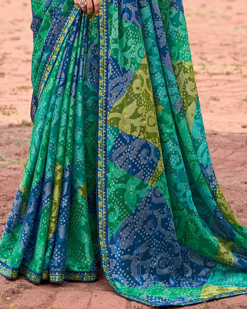 Vishal Prints Light Sea Green Printed Patterned Brasso Bandhani Print Saree With Fancy Border