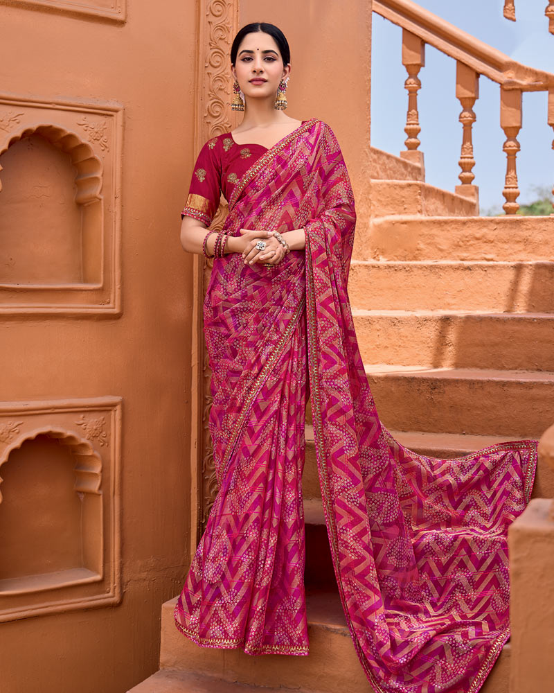 Vishal Prints Magenta Red Printed Patterned Brasso Bandhani Print Saree With Fancy Border