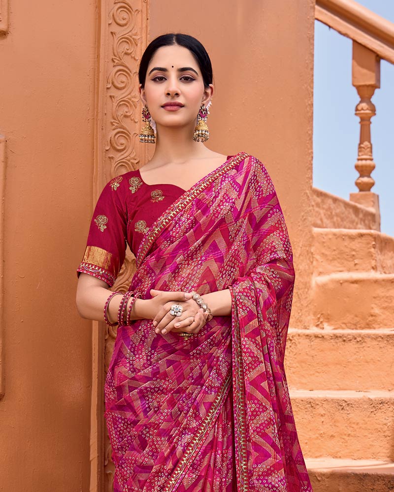 Vishal Prints Magenta Red Printed Patterned Brasso Bandhani Print Saree With Fancy Border