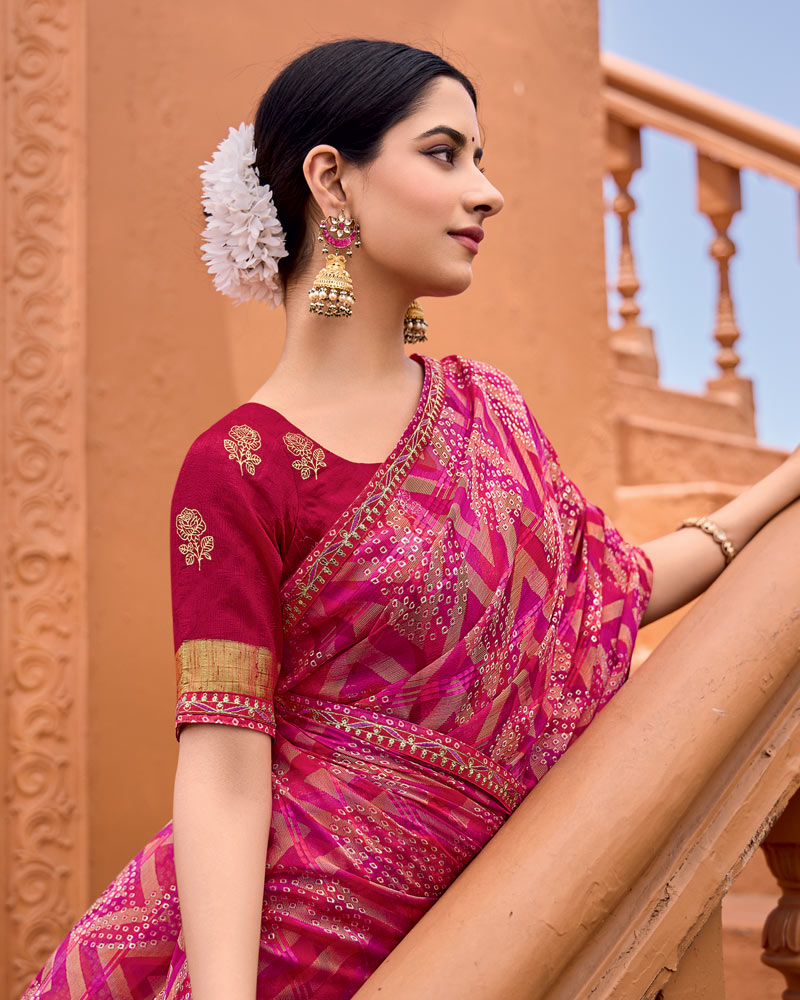 Vishal Prints Magenta Red Printed Patterned Brasso Bandhani Print Saree With Fancy Border