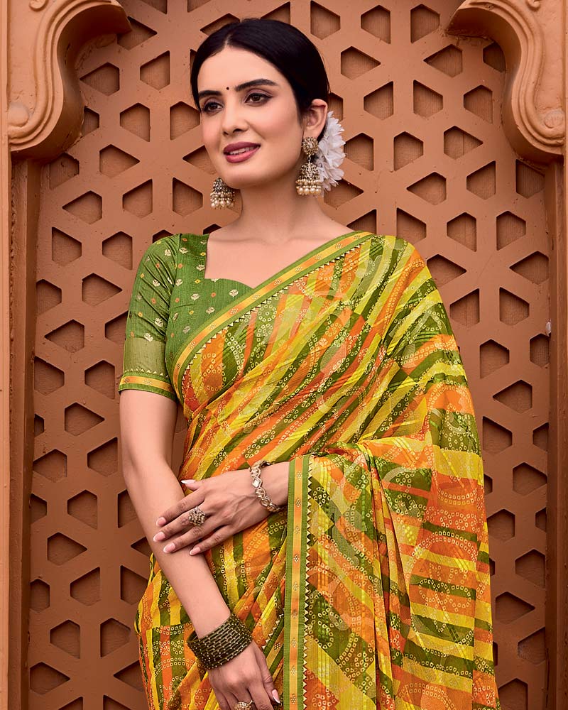 Vishal Prints Mustard Yellow Printed Patterned Brasso Bandhani Print Saree With Fancy Border