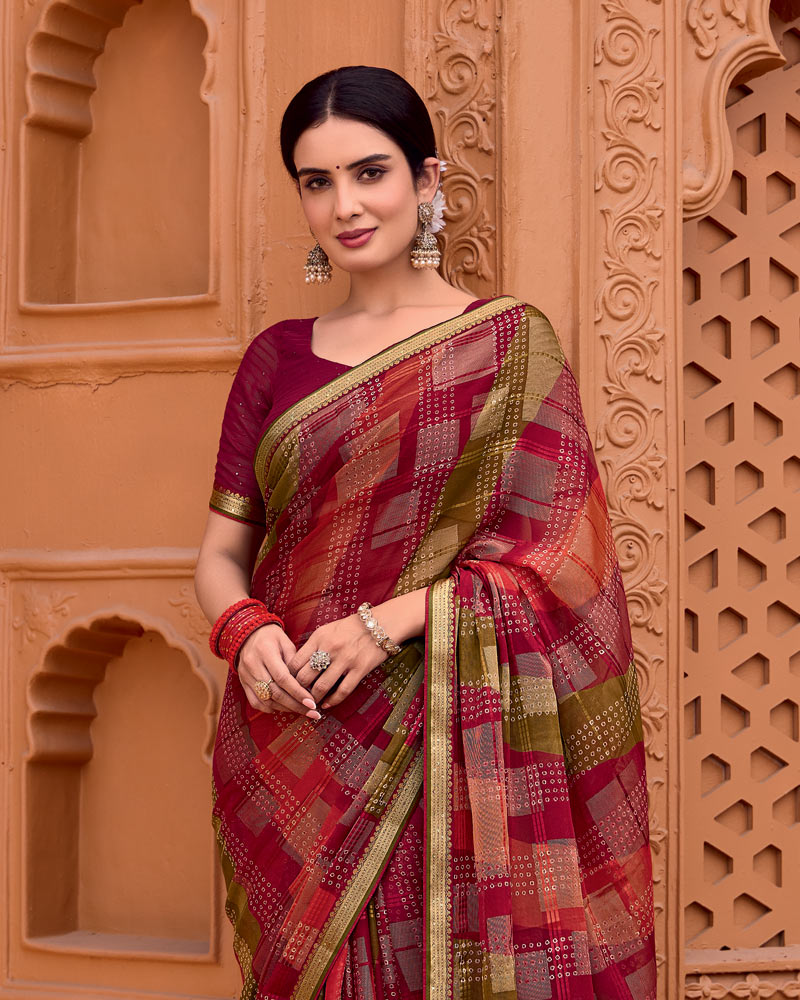 Vishal Prints Maroon Printed Patterned Brasso Bandhani Print Saree With Fancy Border
