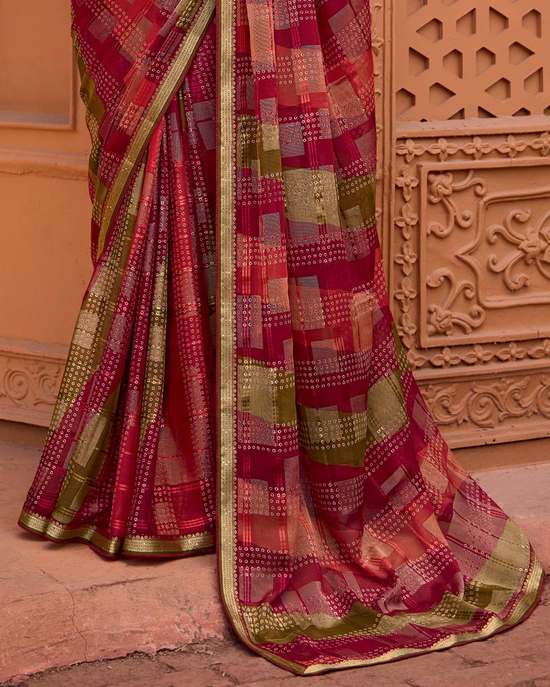 Vishal Prints Maroon Printed Patterned Brasso Bandhani Print Saree With Fancy Border