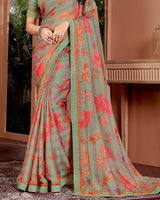 Vishal Prints Mist Green Printed Fancy Chiffon Saree With Border