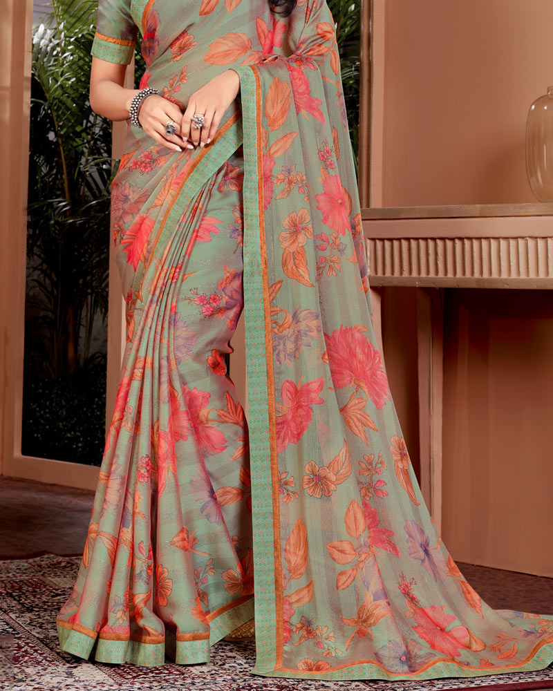 Vishal Prints Mist Green Printed Fancy Chiffon Saree With Border