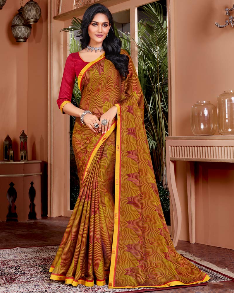 Vishal Prints Dark Red Printed Fancy Chiffon Saree With Border