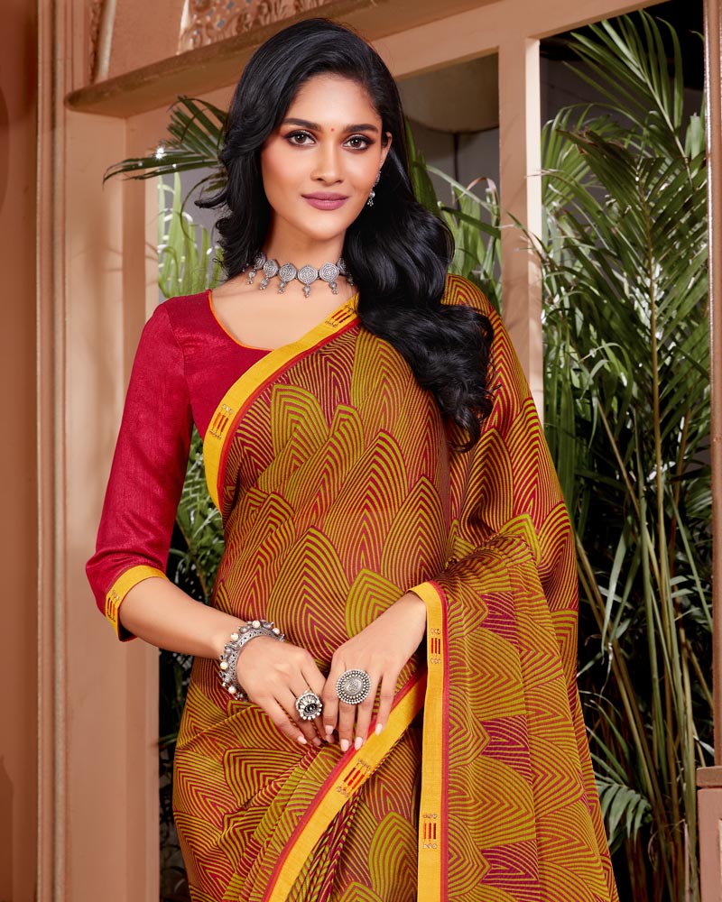 Vishal Prints Dark Red Printed Fancy Chiffon Saree With Border