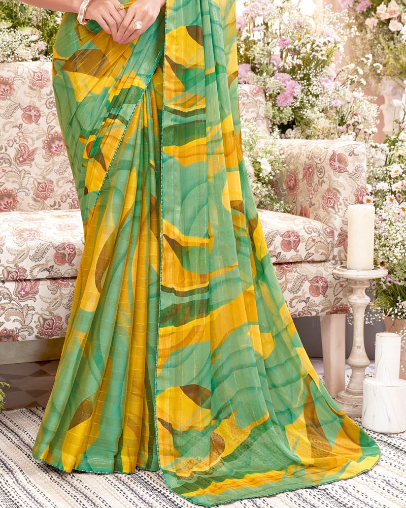 Vishal Prints Dark Mint Green Fancy Chiffon Digital Print Saree With Core Piping