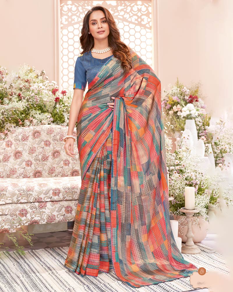 Vishal Prints Cool Grey Fancy Chiffon Digital Print Saree With Core Piping