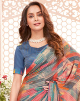 Vishal Prints Cool Grey Fancy Chiffon Digital Print Saree With Core Piping