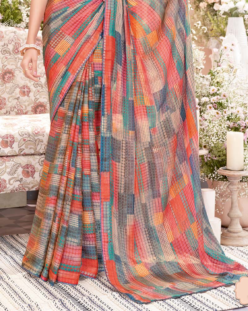 Vishal Prints Cool Grey Fancy Chiffon Digital Print Saree With Core Piping