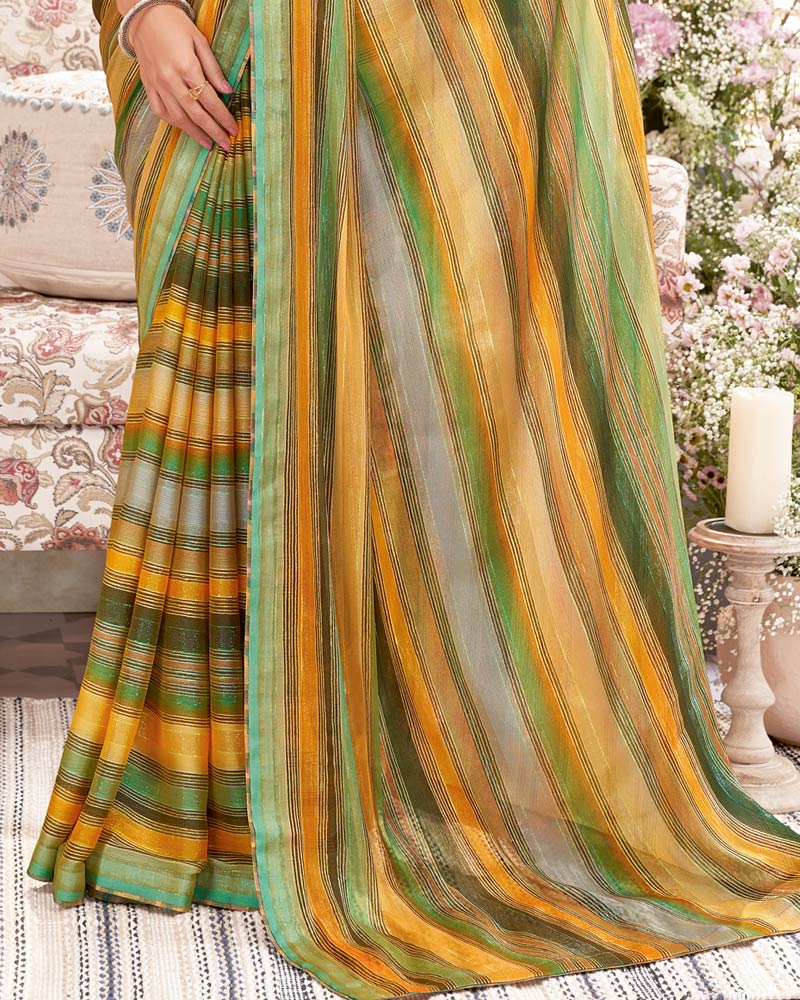 Vishal Prints Dark Khakhi Green Fancy Chiffon Digital Print Saree With Core Piping